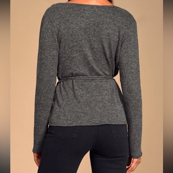 Lulus Flattering Charcoal Grey Wrap Tie Knit Sweater - Picture 4 of 14